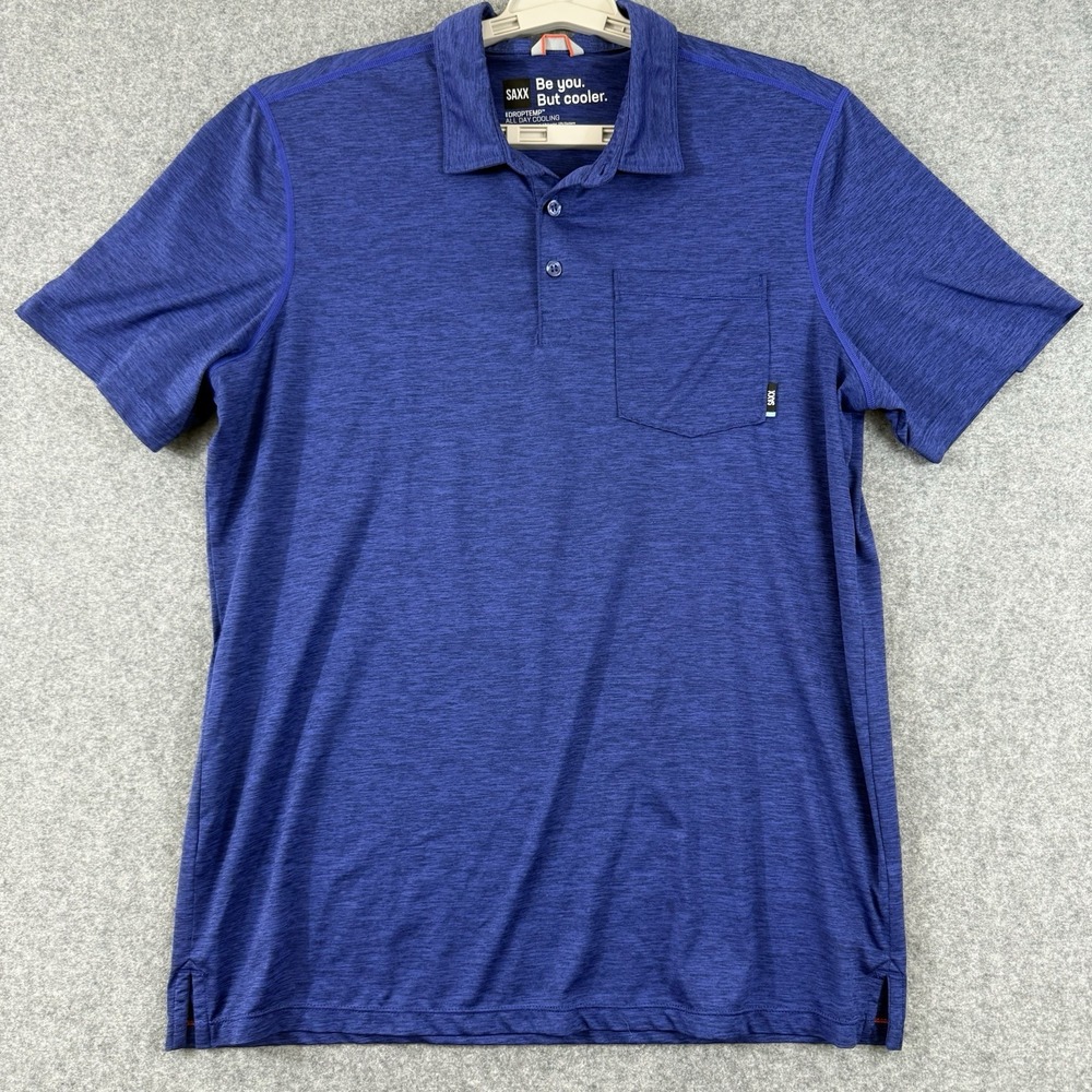 SAXX Short Sleeve Polo DropTemp All Day Cooling Performance Stretch Men's M Blue